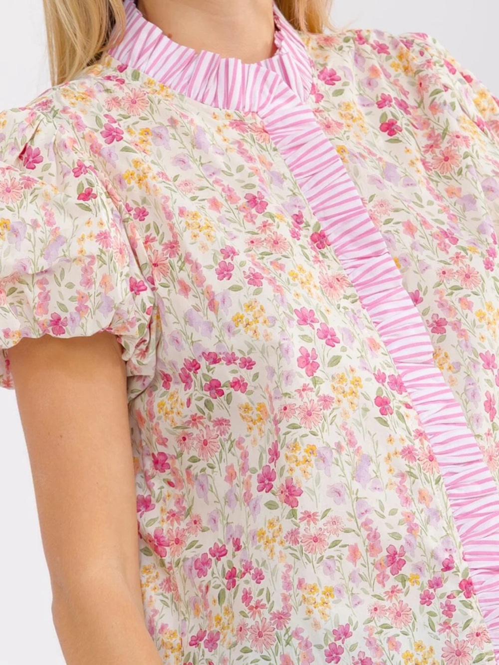 116 • Floral Pink Striped Trim Puff Sleeve Cotton Top